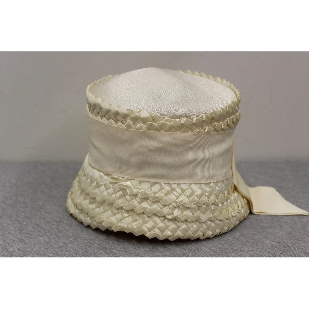 Vintage Hat Womens Cream Woven Straw Pillbox Grosgrain Ribbon Bow Union Made